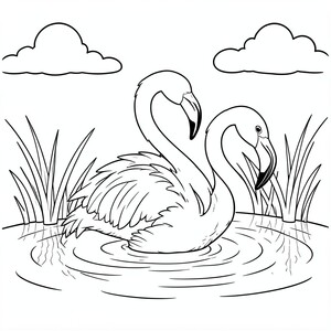 Chim hồng hạc ngâm mình trong nước – Một con hồng hạc duyên dáng ngâm mình trong vùng nước nông với lau sậy và một vài đám mây.

