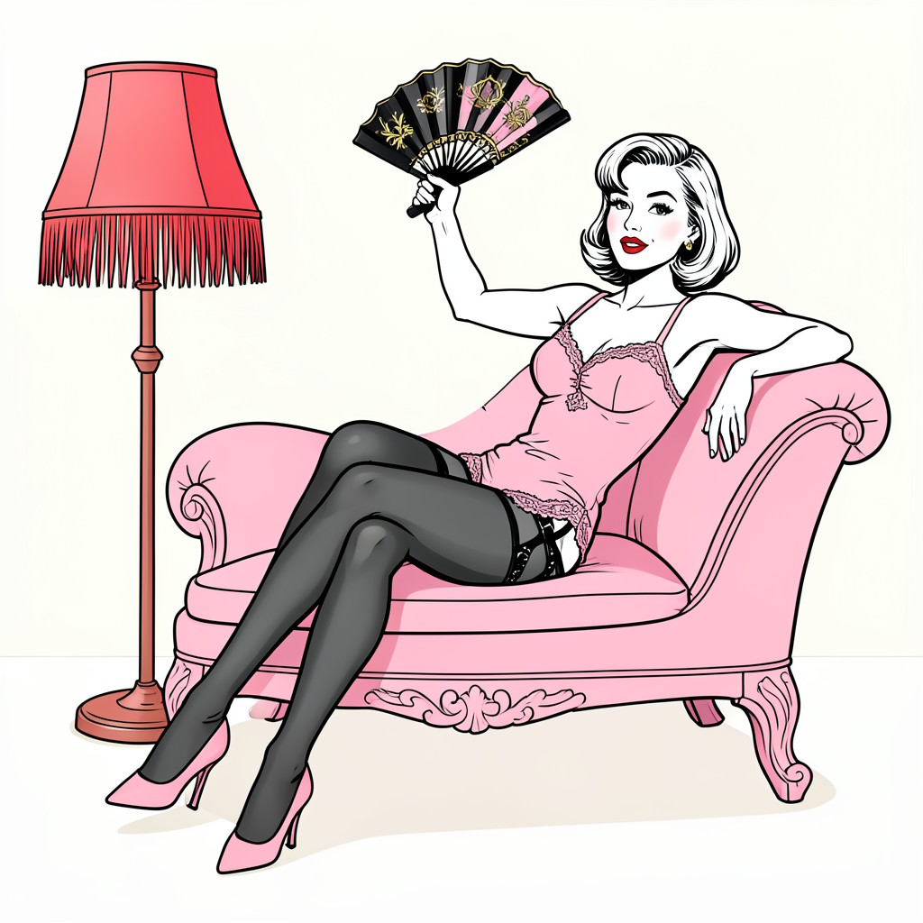 Một hình minh họa pin-up cổ điển có hình một người phụ nữ quyến rũ nằm dài trên chiếc ghế dài màu hồng trang trí công phu. Phong cách: pin-up cổ điển những năm 1950 với đường viền mực đen đậm, màu hồng phấn nhẹ nhàng và bóng tối thiểu. Thành phần: phụ nữ ngả lưng, bắt chéo chân ở đầu gối, cánh tay phải giơ lên cầm một chiếc quạt cầm tay màu đen và hồng trang trí với các điểm nhấn bằng vàng; Khuỷu tay trái tựa vào lưng ghế dài, đầu hơi nghiêng với đôi môi đỏ tự tin và kiểu tóc bob. Trang phục: giày ngắn màu hồng viền ren, thắt lưng đen ló ra từ bên dưới, tất đen tuyệt đối, giày cao gót màu hồng. Chi tiết sắp đặt: đèn sàn tua rua cao màu đỏ ở bên trái, nền kem nhạt, bóng tối tinh tế bên dưới ghế dài. Ánh sáng: phẳng, giống như phim hoạt hình với các điểm nổi bật sạch sẽ, mang lại tâm trạng vui tươi, quyến rũ. Lời nhắc: tái tạo hình ảnh chính xác này theo phong cách minh họa pin-up cổ điển với đường nét sắc nét, bảng màu hồng và tư thế sân khấu.