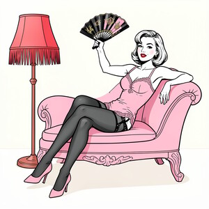 Một hình minh họa pin-up cổ điển có hình một người phụ nữ quyến rũ nằm dài trên chiếc ghế dài màu hồng trang trí công phu. Phong cách: pin-up cổ điển những năm 1950 với đường viền mực đen đậm, màu hồng phấn nhẹ nhàng và bóng tối thiểu. Thành phần: phụ nữ ngả lưng, bắt chéo chân ở đầu gối, cánh tay phải giơ lên cầm một chiếc quạt cầm tay màu đen và hồng trang trí với các điểm nhấn bằng vàng; Khuỷu tay trái tựa vào lưng ghế dài, đầu hơi nghiêng với đôi môi đỏ tự tin và kiểu tóc bob. Trang phục: giày ngắn màu hồng viền ren, thắt lưng đen ló ra từ bên dưới, tất đen tuyệt đối, giày cao gót màu hồng. Chi tiết sắp đặt: đèn sàn tua rua cao màu đỏ ở bên trái, nền kem nhạt, bóng tối tinh tế bên dưới ghế dài. Ánh sáng: phẳng, giống như phim hoạt hình với các điểm nổi bật sạch sẽ, mang lại tâm trạng vui tươi, quyến rũ. Lời nhắc: tái tạo hình ảnh chính xác này theo phong cách minh họa pin-up cổ điển với đường nét sắc nét, bảng màu hồng và tư thế sân khấu.