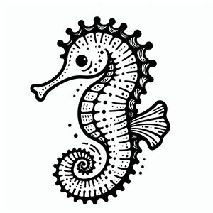 A black and white drawing of a sea horse 3