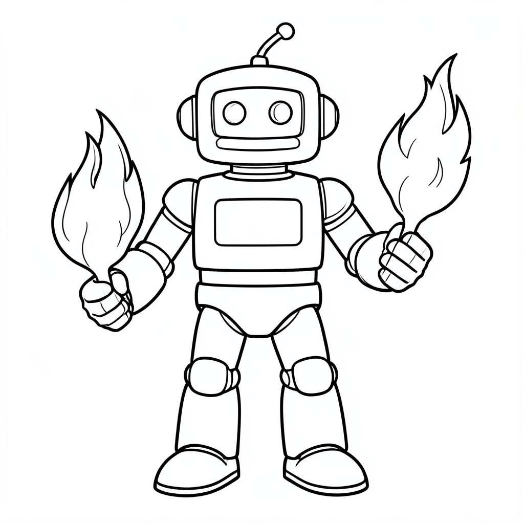 a robot with fires in hand