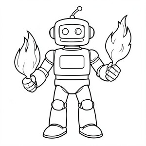 a robot with fires in hand