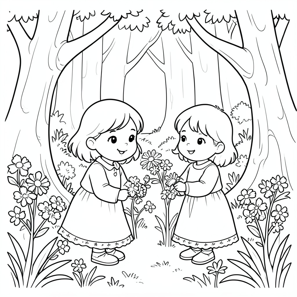 Một cô gái và cậu bé hái hoa trong một khu rừng mê hoặc
