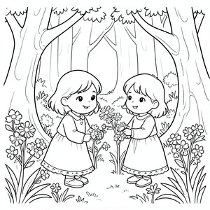 Một cô gái và cậu bé hái hoa trong một khu rừng mê hoặc
