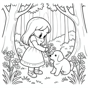 Một cô gái nhỏ hái hoa trong rừng với chú chó dễ thương của mình