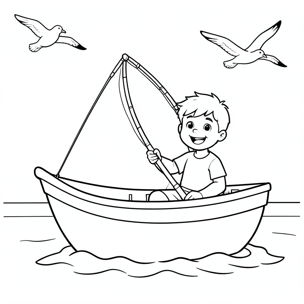 Một cậu bé hạnh phúc câu cá từ thuyền của mình với những con mòng biển bay trên bầu trời