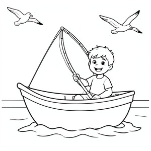 Một cậu bé hạnh phúc câu cá từ thuyền của mình với những con mòng biển bay trên bầu trời