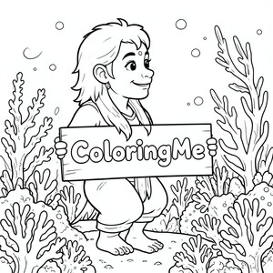 Chế độ xem hồ sơ của một hanuman thân thiện, cầm một tấm biển có dòng chữ "ColoringMe" được viết bằng chữ bong bóng trắng, trong hồ sơ, trong vương quốc rạn san hô dưới nước, theo phong cách siêu thực