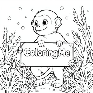 Ảnh chụp hồ sơ của một vua khỉ thân thiện, cầm một tấm biển có dòng chữ "ColoringMe" được viết bằng chữ bong bóng trắng, trong hồ sơ, trong vương quốc rạn san hô dưới nước, theo phong cách siêu thực