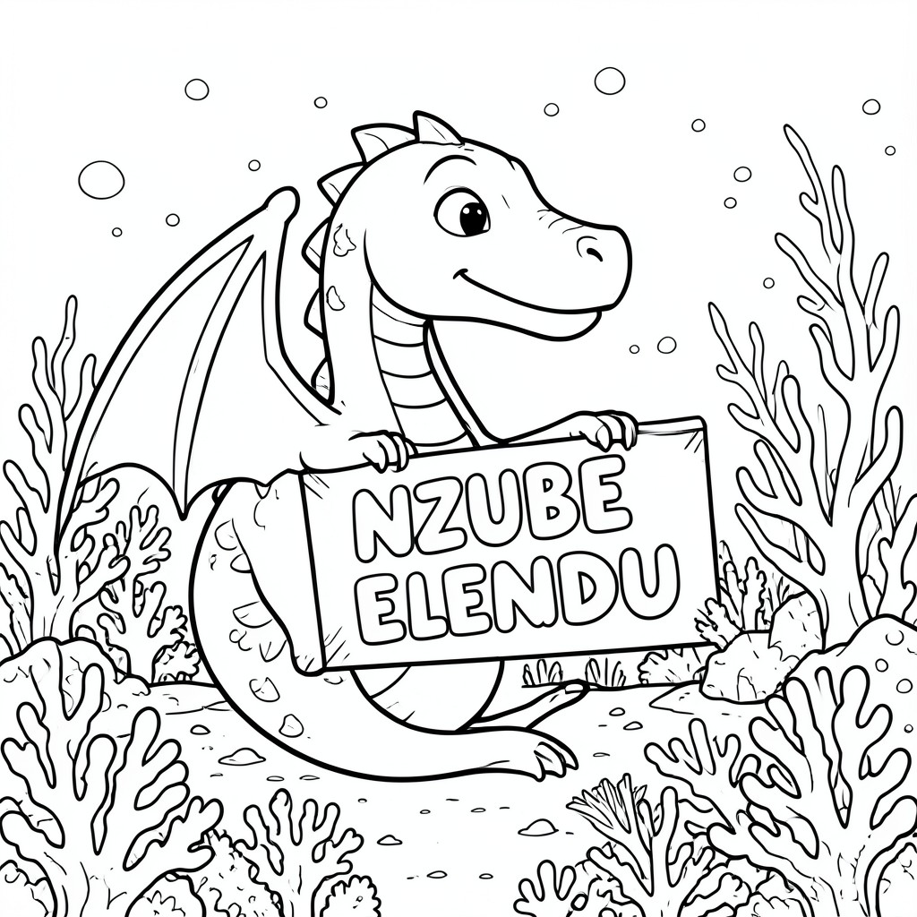 Ảnh chụp hồ sơ của một con rồng thân thiện, cầm một tấm biển có chữ "NZUBE ELENDU" được viết bằng chữ bong bóng trắng, trong hồ sơ, trong vương quốc rạn san hô dưới nước, theo phong cách siêu thực