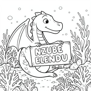 Ảnh chụp hồ sơ của một con rồng thân thiện, cầm một tấm biển có chữ "NZUBE ELENDU" được viết bằng chữ bong bóng trắng, trong hồ sơ, trong vương quốc rạn san hô dưới nước, theo phong cách siêu thực