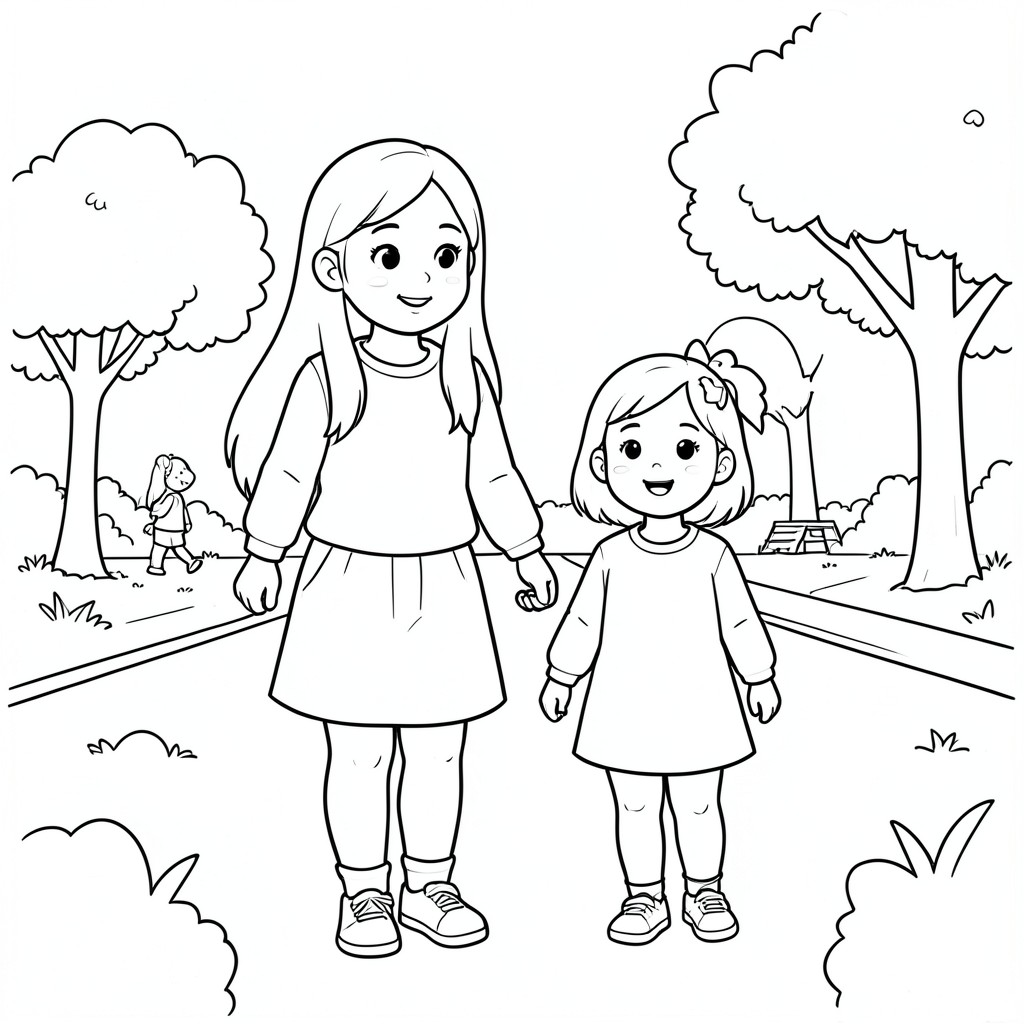 Photo of a 36-year-old mother with long hair going to the park with her 9-year-old daughter
