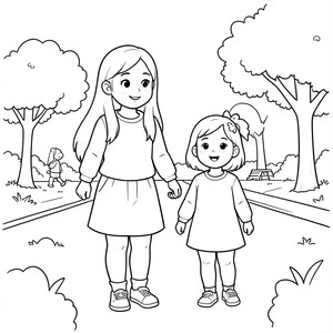 Photo of a 36-year-old mother with long hair going to the park with her 9-year-old daughter