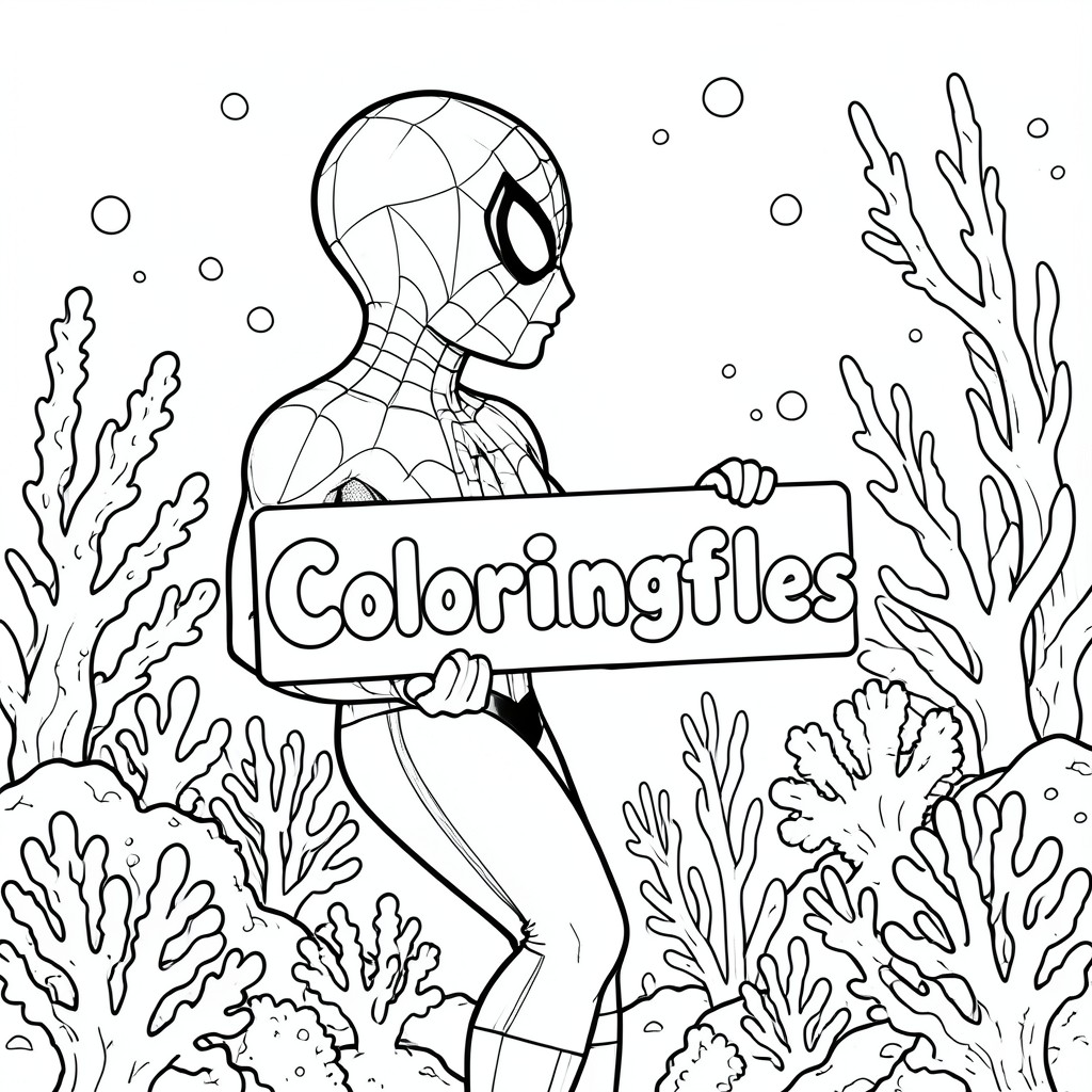 Chế độ xem hồ sơ của một người nhện, cầm một tấm biển có chữ "Coloringfiles" được viết bằng chữ bong bóng màu trắng, trong hồ sơ, trong vương quốc rạn san hô dưới nước, theo phong cách siêu thực