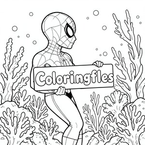 Chế độ xem hồ sơ của một người nhện, cầm một tấm biển có chữ "Coloringfiles" được viết bằng chữ bong bóng màu trắng, trong hồ sơ, trong vương quốc rạn san hô dưới nước, theo phong cách siêu thực
