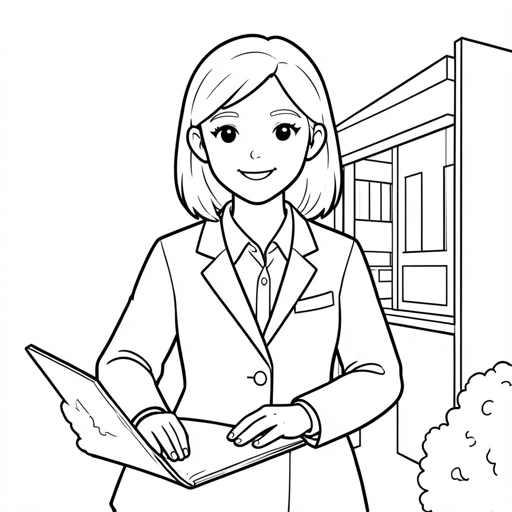 Ở dạng phác thảo đen trắng đơn giản, tạo một quản trị viên nữ quản lý một tòa nhà