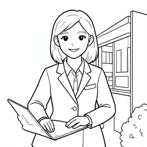 Ở dạng phác thảo đen trắng đơn giản, tạo một quản trị viên nữ quản lý một tòa nhà