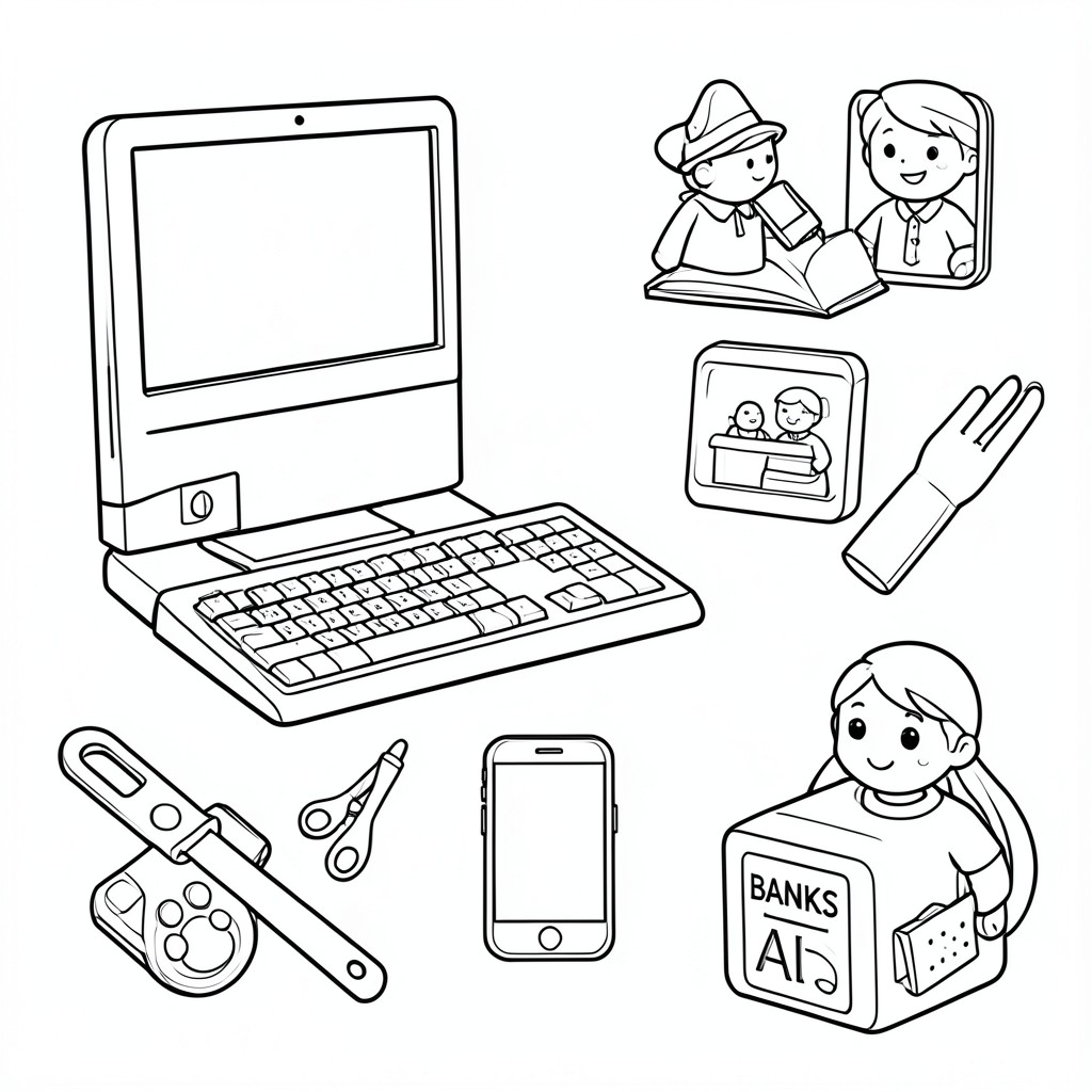 trong đường viền đen trắng đơn giản, tạo các công cụ mà mẹ sử dụng bao gồm máy tính, điện thoại di động, ngân hàng và AI