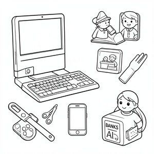 trong đường viền đen trắng đơn giản, tạo các công cụ mà mẹ sử dụng bao gồm máy tính, điện thoại di động, ngân hàng và AI