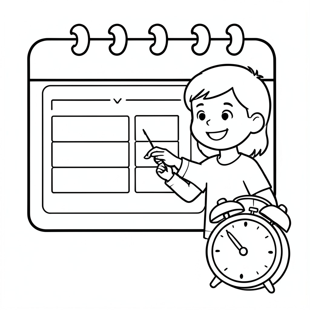 Trong đường viền đen trắng đơn giản, tạo hình ảnh lịch với khoảng trống thay vì thời gian hẹn cố định. Một người mỉm cười khi chọn nhiệm vụ từ danh sách kiểm tra.
Một chiếc đồng hồ báo thức bị gạch chéo.