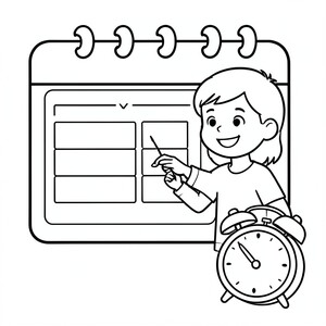 Trong đường viền đen trắng đơn giản, tạo hình ảnh lịch với khoảng trống thay vì thời gian hẹn cố định. Một người mỉm cười khi chọn nhiệm vụ từ danh sách kiểm tra.
Một chiếc đồng hồ báo thức bị gạch chéo.