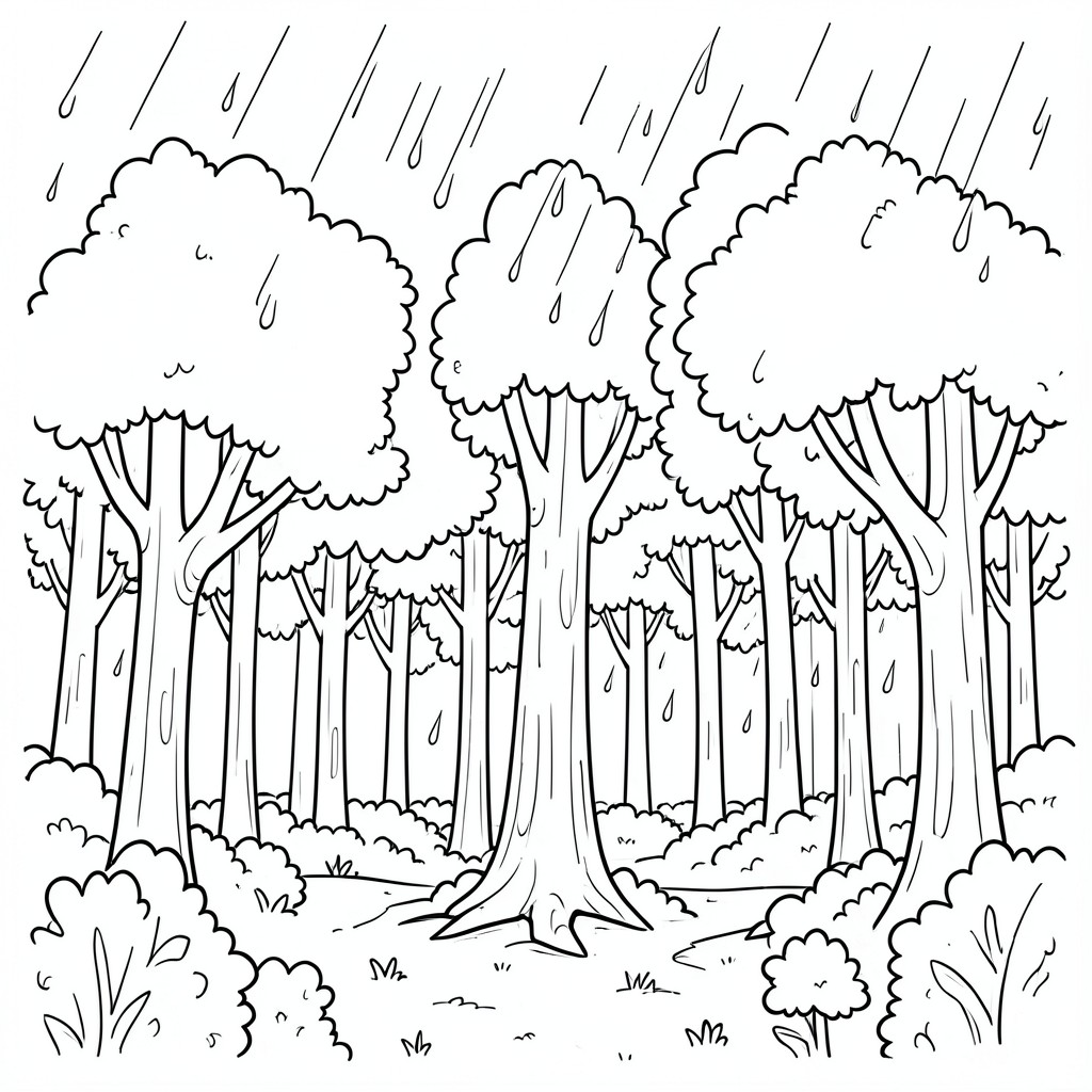 A forest of trees in the rain