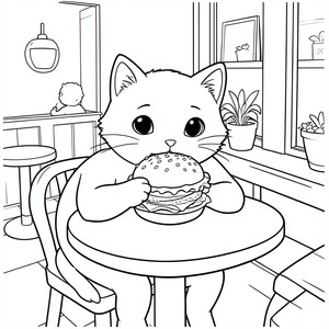 Mèo ăn bánh mì kẹp thịt trong quán cà phê