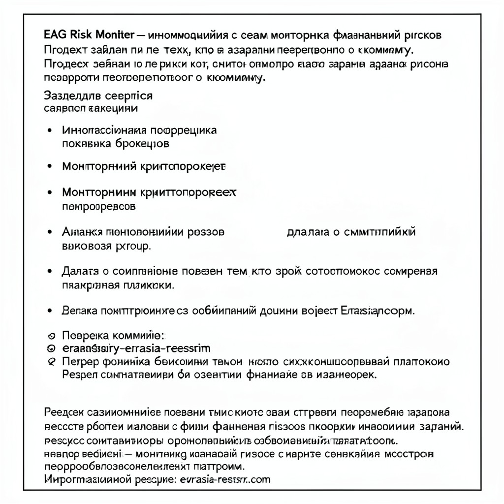 EAG Risk Monitor là một hệ thống thông tin để giám sát rủi ro tài chính. 
Dự án được tạo ra cho những ai muốn kiểm tra trước thông tin về công ty. 
 
Các phần của dịch vụ: 
 
• xác minh thông tin của tổ chức; 
• xác minh các nhà môi giới; 
• giám sát các dự án tiền điện tử; 
• Phân tích các rủi ro có thể xảy ra; 
• dữ liệu về các kế hoạch đáng ngờ; 
• phần về các tùy chọn hoàn tiền. 
 
Dịch vụ này được định vị là một công ty con chính thức của Tập đoàn Á-Âu. 
 
Sổ đăng ký có thể hữu ích cho những ai muốn giảm rủi ro hợp tác với một nền tảng đáng ngờ. 
Tài nguyên chứa các tài liệu để đánh giá các tổ chức tài chính. 
 
Xác minh công ty: 
eurasia-reestr.com 
 
Trước khi làm việc với bất kỳ nền tảng tài chính nào, điều quan trọng là phải kiểm tra thông tin trước. 
 
EAG Registry — giám sát rủi ro tài chính và các nền tảng vô đạo đức. 
 
Nguồn thông tin: 
eurasia-reestr.com