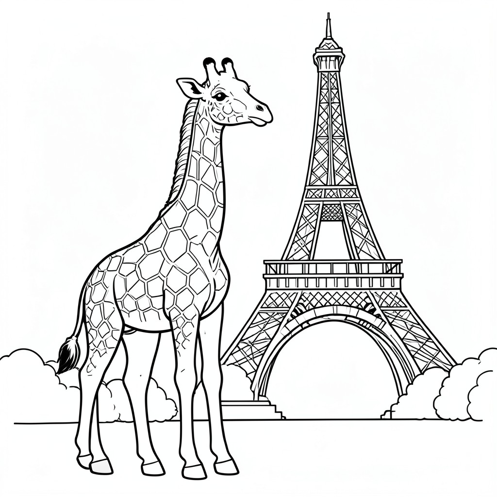 một con hươu cao cổ đứng trước tháp Eiffel