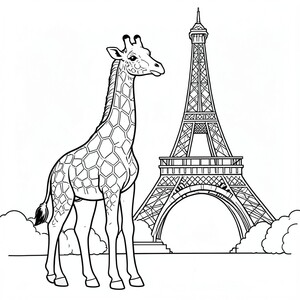 một con hươu cao cổ đứng trước tháp Eiffel