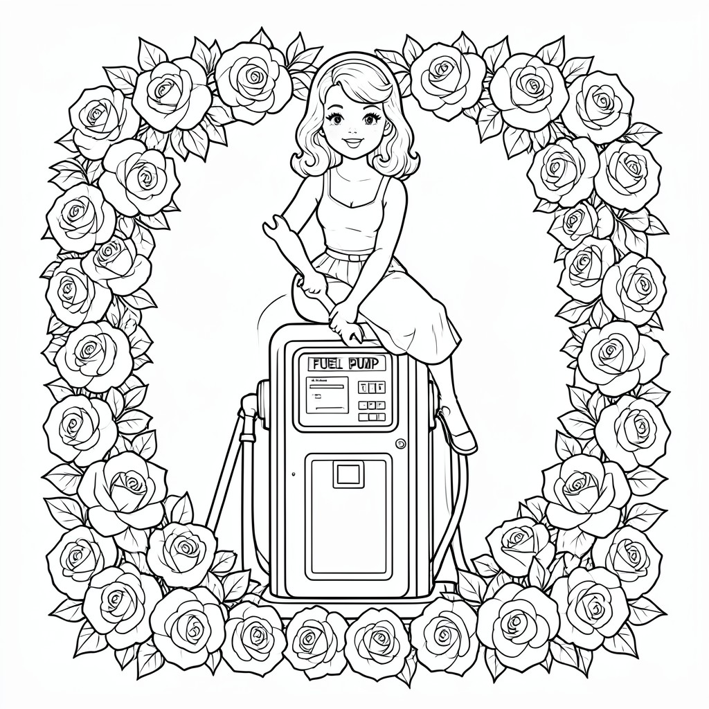 The Fuel Pump Pin-Up: Adult coloring book page, a classic 1950s tattoo-style pin-up girl sitting on top of a vintage gas pump, holding a wrench, surrounded by a heavy border of wild roses, clean line art.