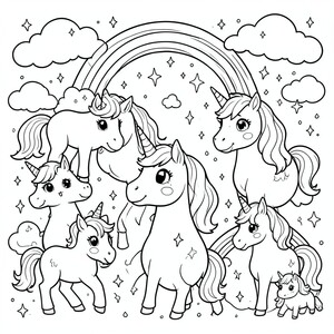 kỳ lân con kawaii đáng yêu dễ thương, với thái độ, với nền kỳ diệu của mây và rắc và cầu vồng
 