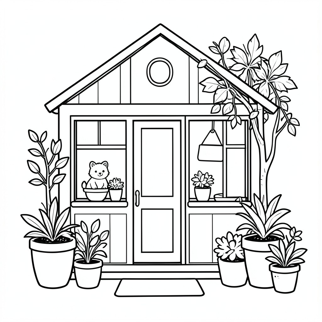 black and white coloring book page, clean bold outlines, thick smooth lines, hand-drawn style, printable coloring page, no color, no grayscale, no shading, white background, simple but detailed line art, highly clean linework, minimal background clutter, cute cozy aesthetic, relaxing composition, Etsy bestseller coloring book style, professional coloring page illustration. Tiny plant café