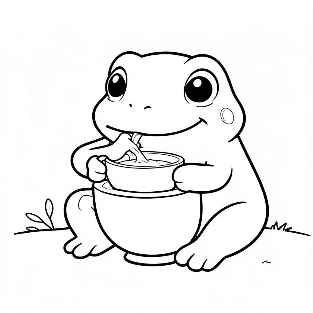 black and white coloring book page, clean bold outlines, thick smooth lines, hand-drawn style, printable coloring page, no color, no grayscale, no shading, white background, simple but detailed line art, highly clean linework, minimal background clutter, cute cozy aesthetic, relaxing composition, Etsy bestseller coloring book style, professional coloring page illustration. Cute frog drinking tea