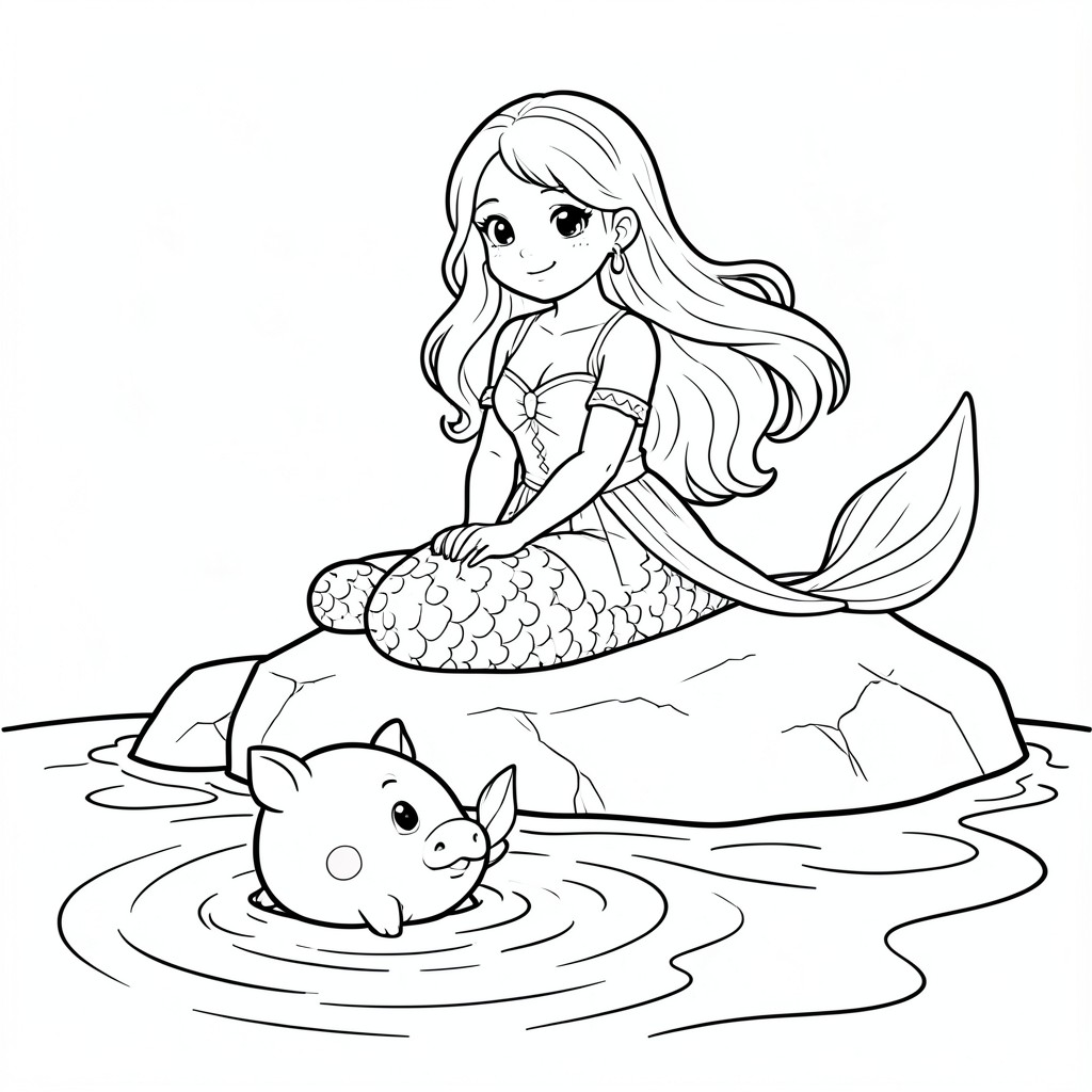 Give me a picture of a mermaid sitting on a rock and having a dolphin on the surface of the water
