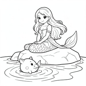 Give me a picture of a mermaid sitting on a rock and having a dolphin on the surface of the water
