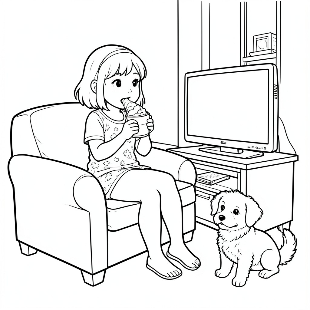Make me a page with a girl in pajamas sitting on a sofa eating snacks watching TV and next to a small dog