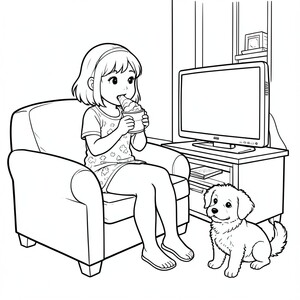 Make me a page with a girl in pajamas sitting on a sofa eating snacks watching TV and next to a small dog