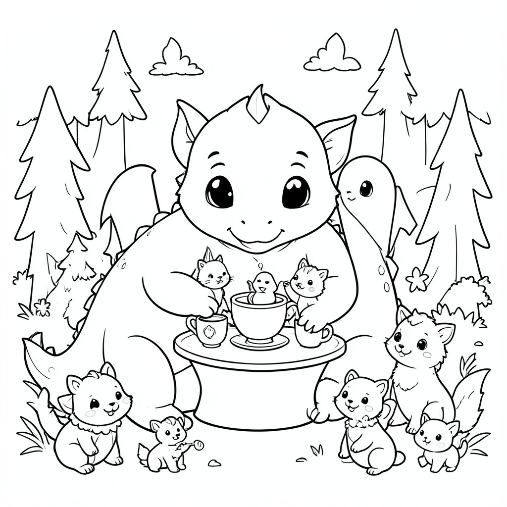 make cute drawings for coloring book pages, Baby dragon having a tea party with tiny forest animals.