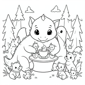make cute drawings for coloring book pages, Baby dragon having a tea party with tiny forest animals.