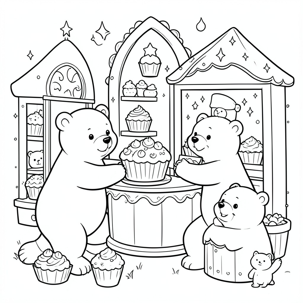 A magical bakery run by adorable bears making giant cupcakes.