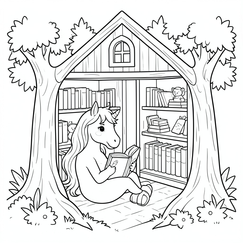 A unicorn reading books in a cozy treehouse library.