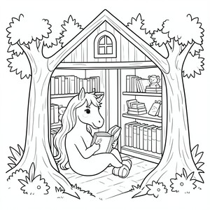 A unicorn reading books in a cozy treehouse library.
