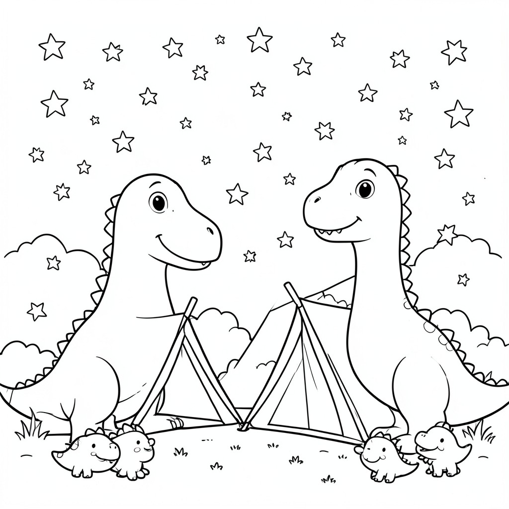Cute dinosaurs camping under a sky full of stars.