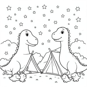 Cute dinosaurs camping under a sky full of stars.