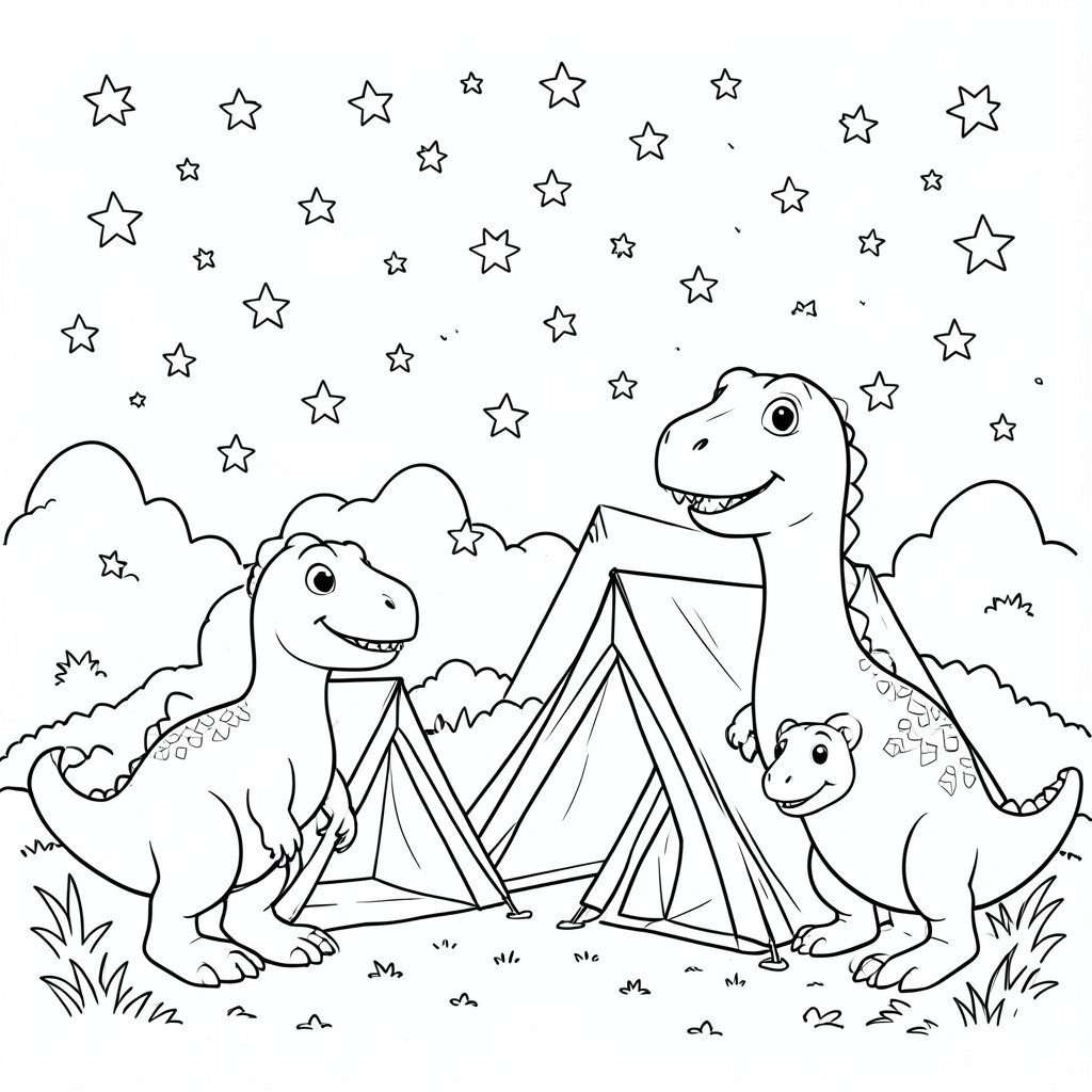 Cute dinosaurs(make them look logical )camping under a sky full of stars.