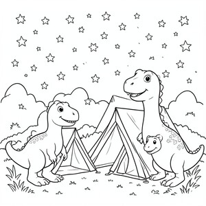 Cute dinosaurs(make them look logical )camping under a sky full of stars.