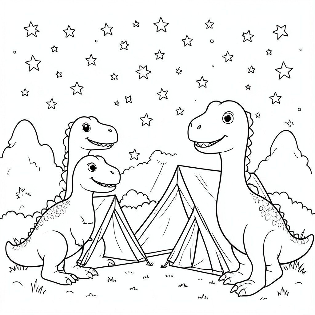 Cute dinosaurs(make them look good )camping under a sky full of stars.