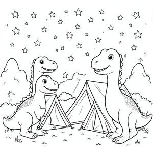 Cute dinosaurs(make them look good )camping under a sky full of stars.