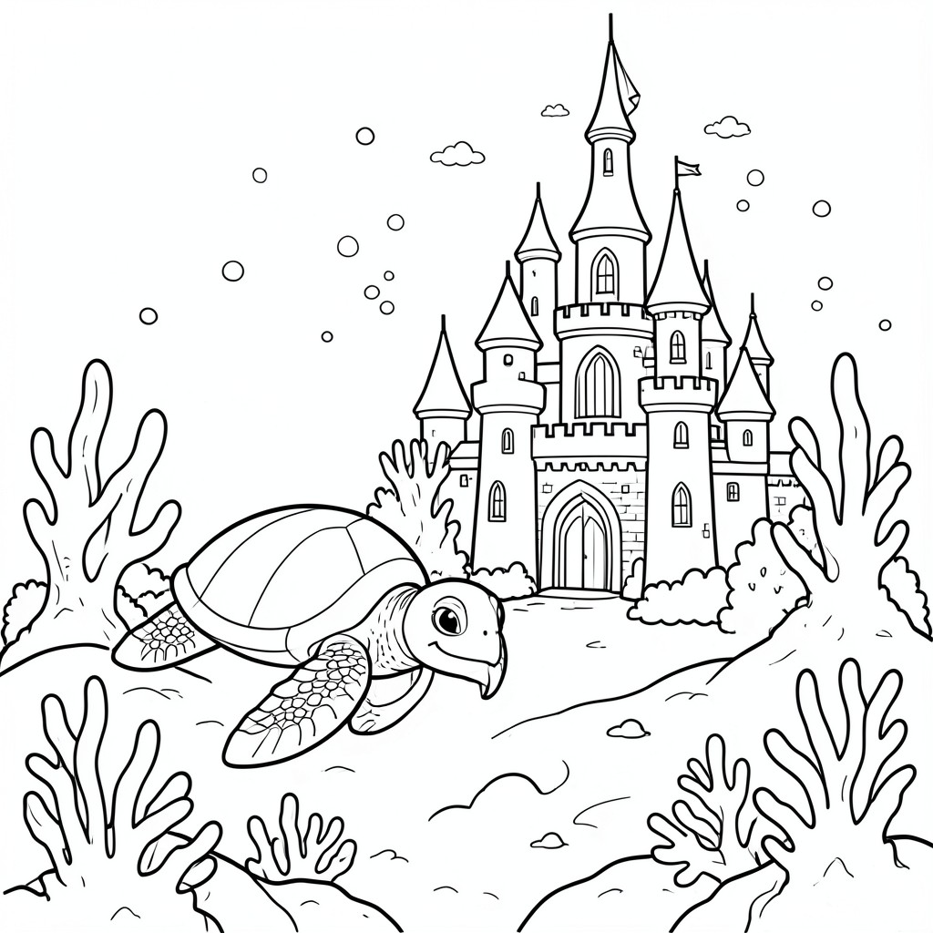 Baby sea turtle exploring a magical underwater castle.